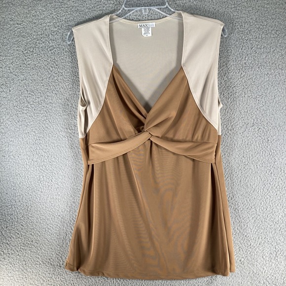 Max Loft Top Women's Plus Stretch Size 2X‎ Tan Cream Sleeveless V Neck Baby Doll - Picture 1 of 9